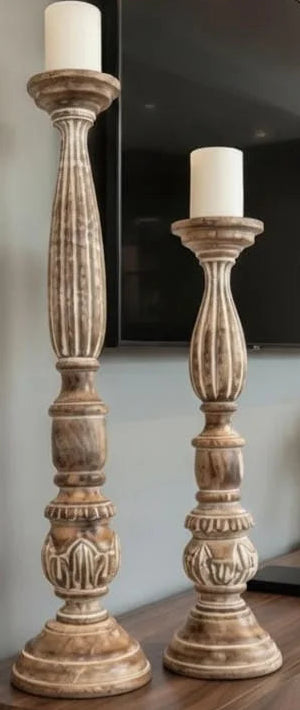Natural Wood Handcarved Candlestick Holder - Rustic Fluted Farmhouse Stand