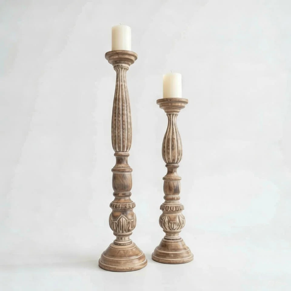 Natural Wood Handcarved Candlestick Holder - Rustic Fluted Farmhouse Stand