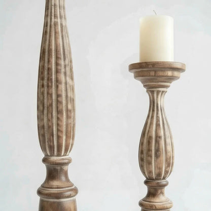 Natural Wood Handcarved Candlestick Holder - Rustic Fluted Farmhouse Stand