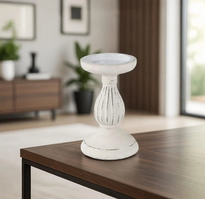 Distressed White Wooden Pillar Candle Holder - Farmhouse Shabby Chic Pedestal Candlestick