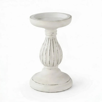 Distressed White Wooden Pillar Candle Holder - Farmhouse Shabby Chic Pedestal Candlestick