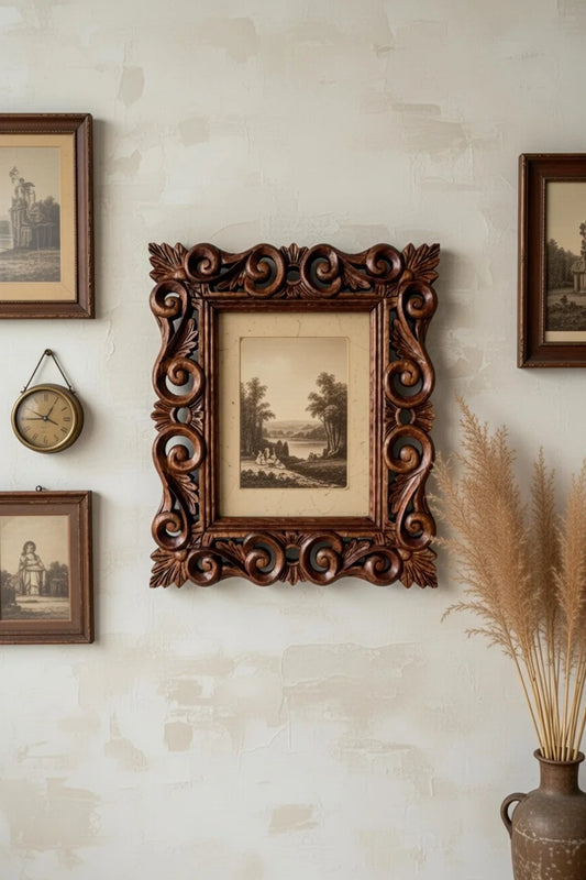 Premium Hand-Carved Solid Teak Wood Picture Frame | Ornate Baroque Relief Design for Wall Art & Photo Display | Vintage Style Antique Home Decor