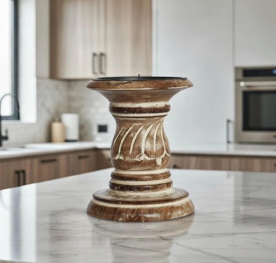 Rustic Brown & White Handcarved Candlestick Holder
