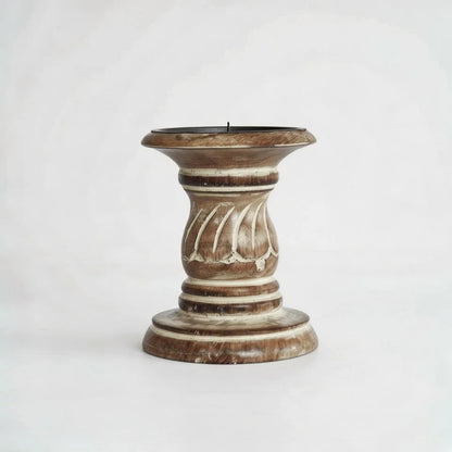 Rustic Brown & White Handcarved Candlestick Holder
