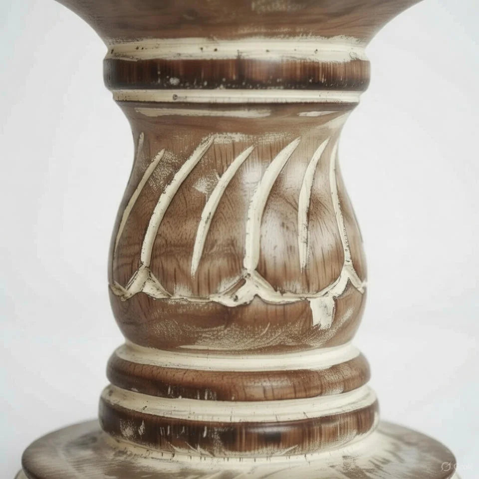 Rustic Brown & White Handcarved Candlestick Holder