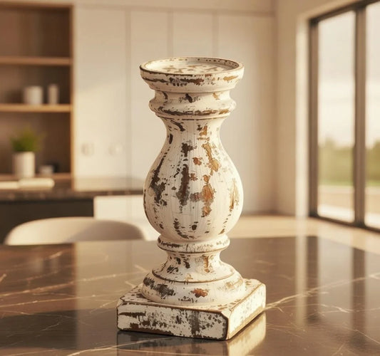 Chippy Distressed White Wooden Pillar Candle stick Holder | Solid wood | Makin It Home