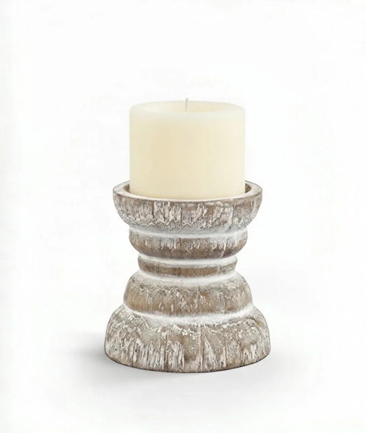 Farmhouse Distressed White Wooden Candlestick Holder with Carved Texture