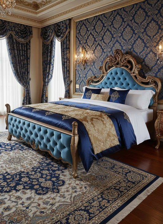 Regal Blue Handcarved French Style Bed In Solid Wood | Custom- made design| Makin' It Home