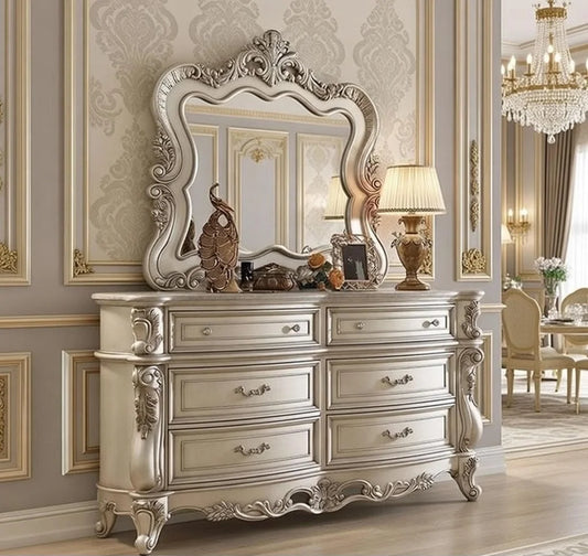 Regalia Dressing Table – Luxury Silver Hand Carved Wooden Dresser with Mirror | Royal Classic Bedroom Furniture