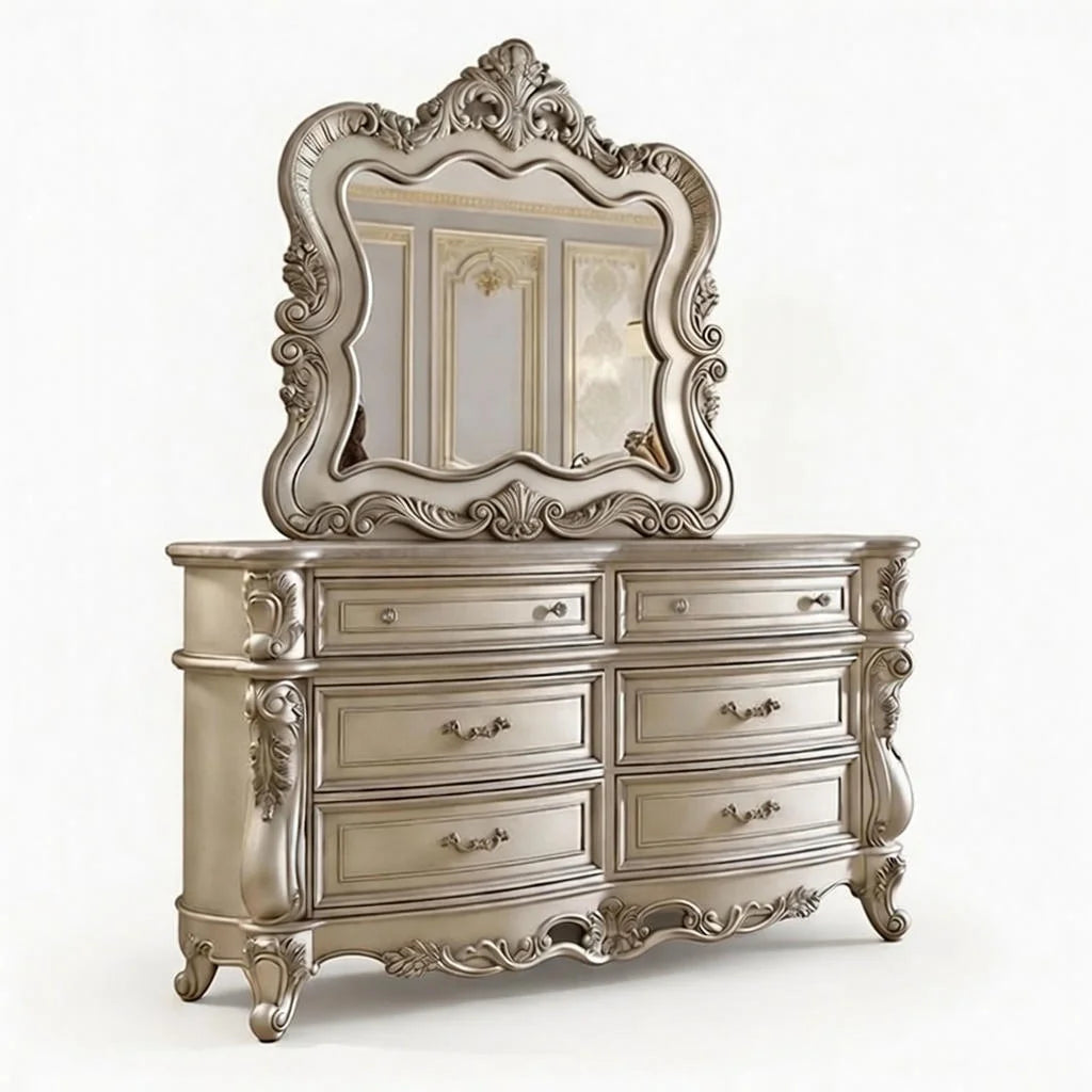 Regalia Dressing Table – Luxury Silver Hand Carved Wooden Dresser with Mirror | Royal Classic Bedroom Furniture