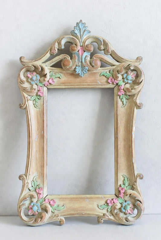 "Roselle" Hand-Carved Teak Wood Frame | Shabby Chic Pastel Floral Wall Décor | French Country Vintage Photo Holder for Nursery & Bedroom