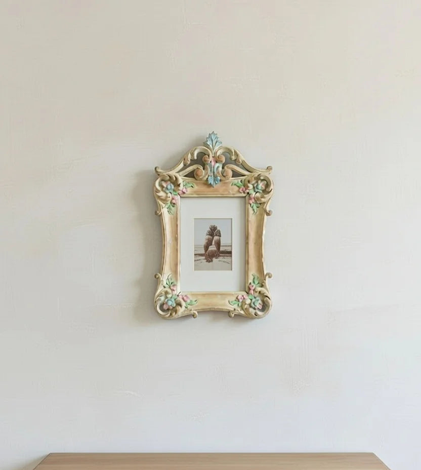 "Roselle" Hand-Carved Teak Wood Frame | Shabby Chic Pastel Floral Wall Décor | French Country Vintage Photo Holder for Nursery & Bedroom