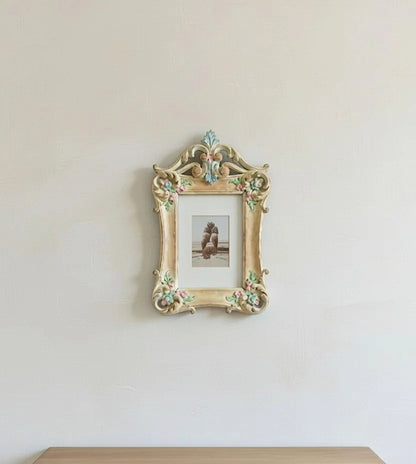 "Roselle" Hand-Carved Teak Wood Frame | Shabby Chic Pastel Floral Wall Décor | French Country Vintage Photo Holder for Nursery & Bedroom