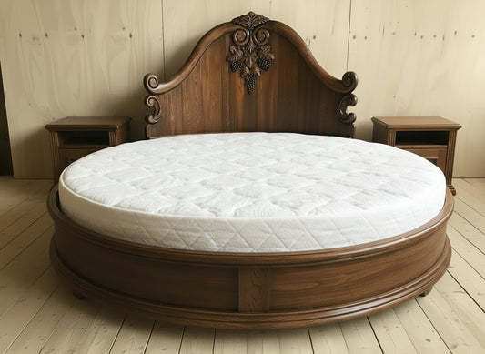 Handcarved Rustic Wooden Round Bed – Grape Cluster Carved Headboard| Baroque Circular Bed