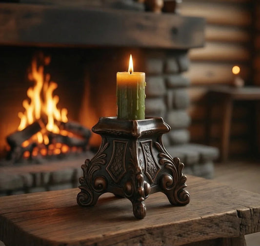 Hand-Carved Wooden Pillar Candle Holder - Ornate Baroque Vintage Style Candlestick Decor