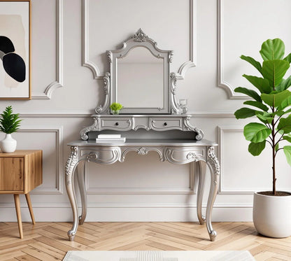 Velinor Dressing Table – Luxury Silver Wooden Vanity with Mirror | Handcrafted Classic Bedroom Dressing Table