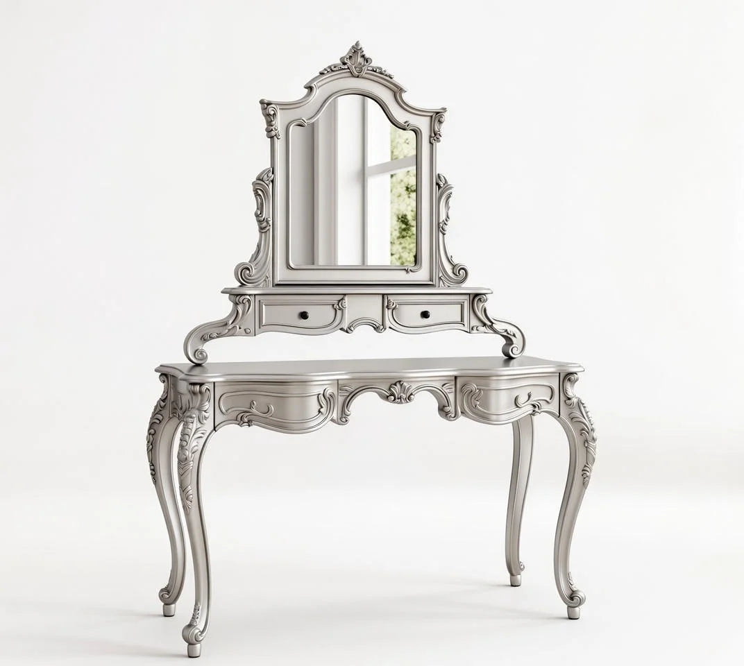 Velinor Dressing Table – Luxury Silver Wooden Vanity with Mirror | Handcrafted Classic Bedroom Dressing Table