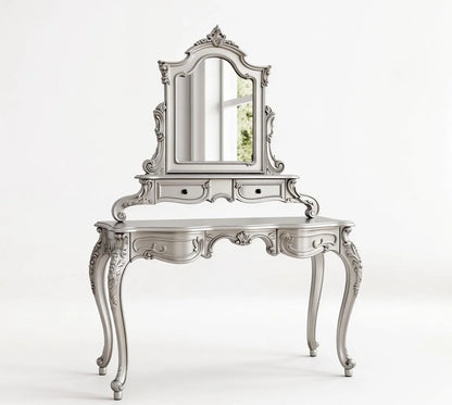 Velinor Dressing Table – Luxury Silver Wooden Vanity with Mirror | Handcrafted Classic Bedroom Dressing Table