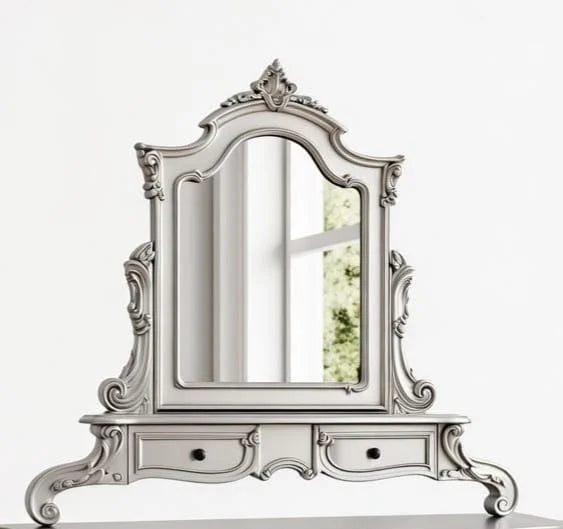 Velinor Dressing Table – Luxury Silver Wooden Vanity with Mirror | Handcrafted Classic Bedroom Dressing Table