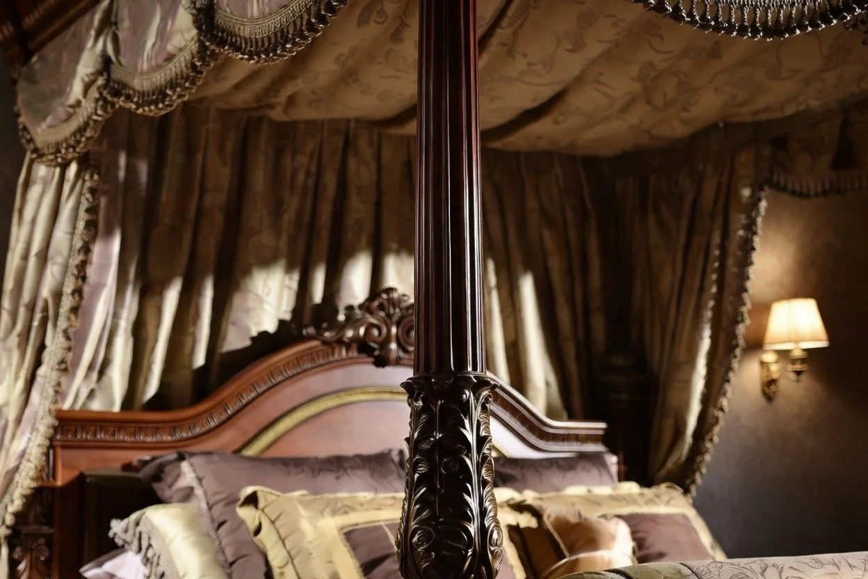 Detail of carved Victorian canopy bed post, decorative solid wood column with classical ornamental carving