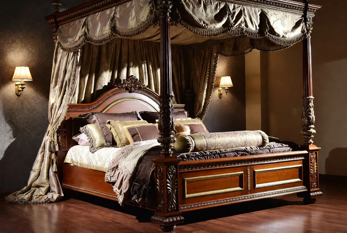 Grand Victorian four poster canopy bed in solid wood with ornate carvings, luxury palace style king size bed frame