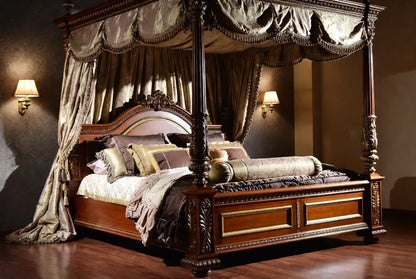 Grand Victorian four poster canopy bed in solid wood with ornate carvings, luxury palace style king size bed frame