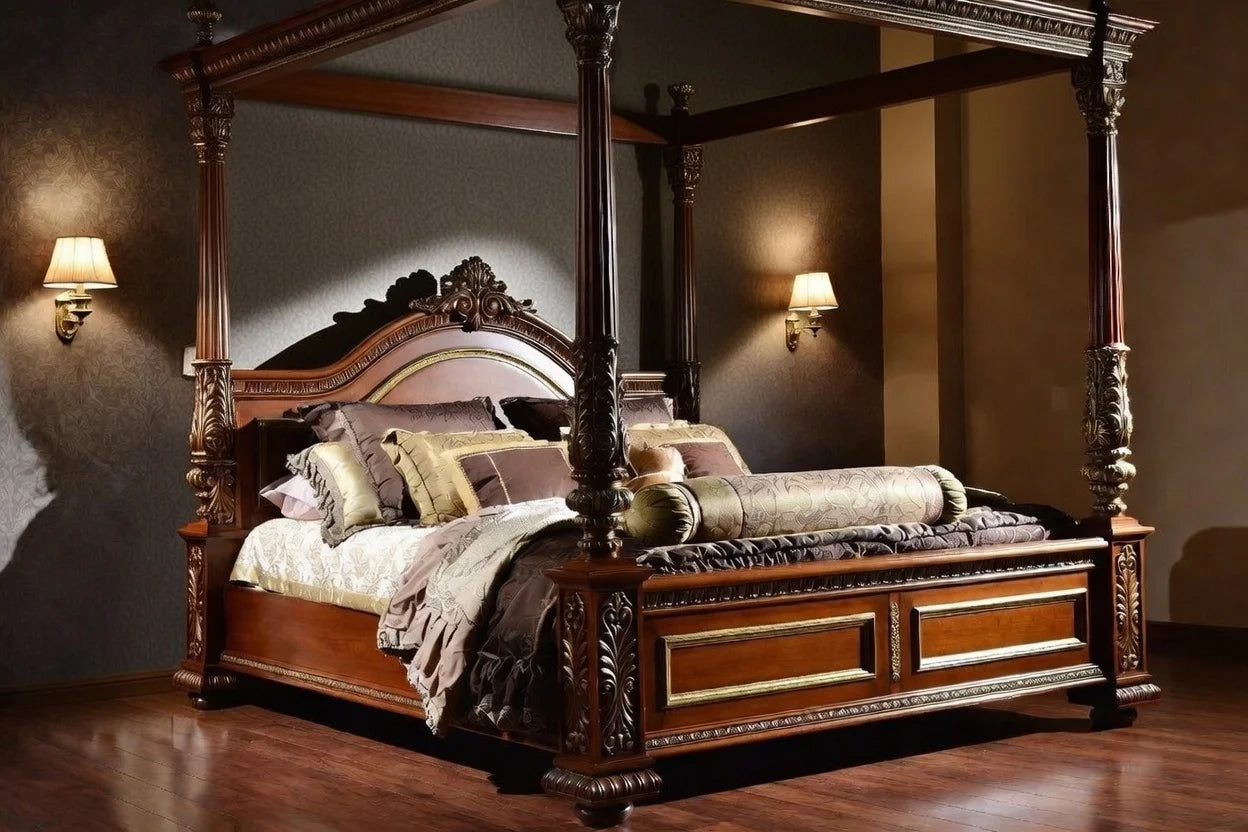 Front view of Grand Victorian four poster canopy bed, carved solid wood king size poster bed with traditional design
