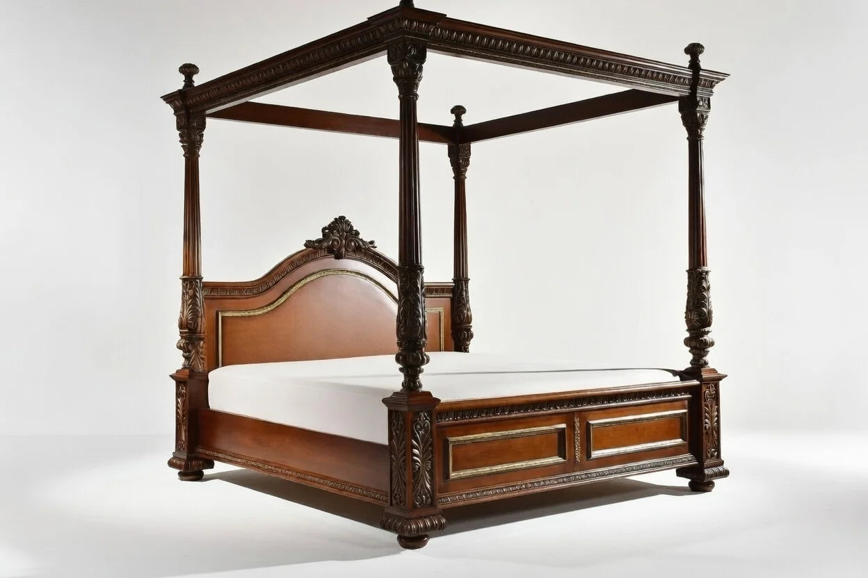 Side view of luxury Victorian four poster canopy bed, solid wood carved poster bed frame for master bedroom
