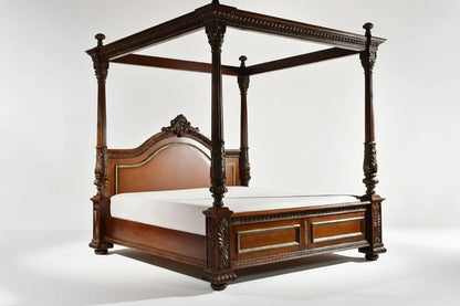 Side view of luxury Victorian four poster canopy bed, solid wood carved poster bed frame for master bedroom