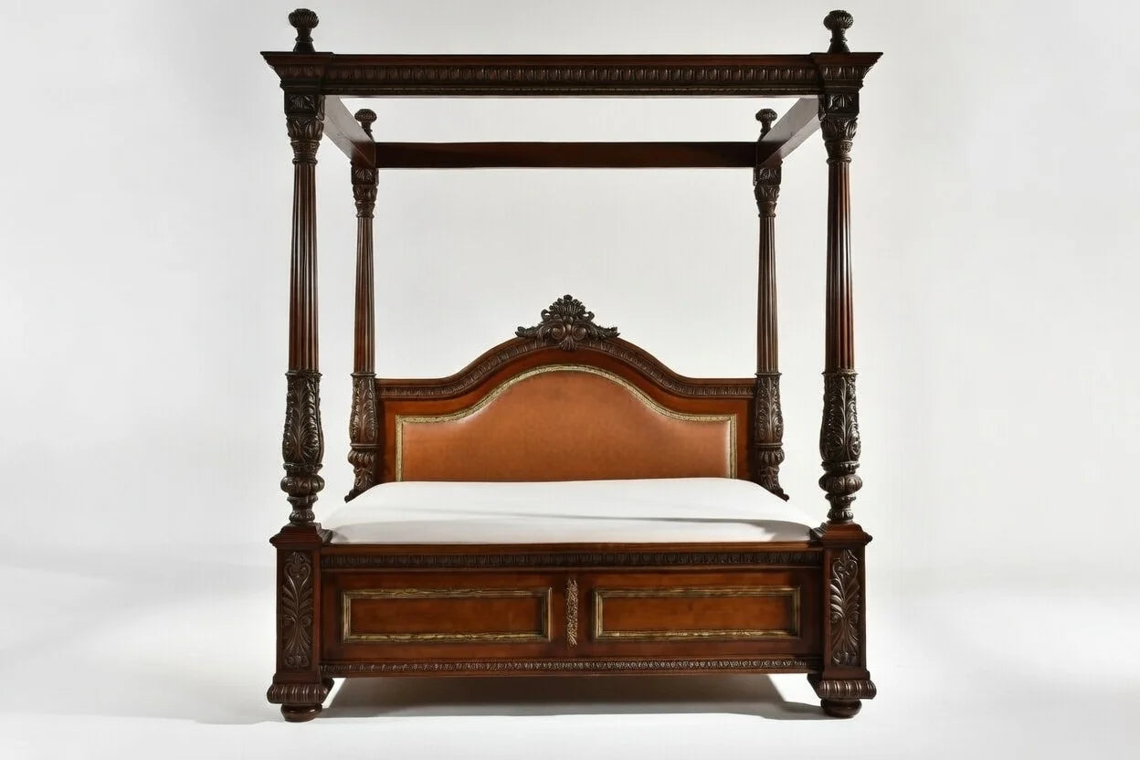 Carved wooden four-poster bed on a white background