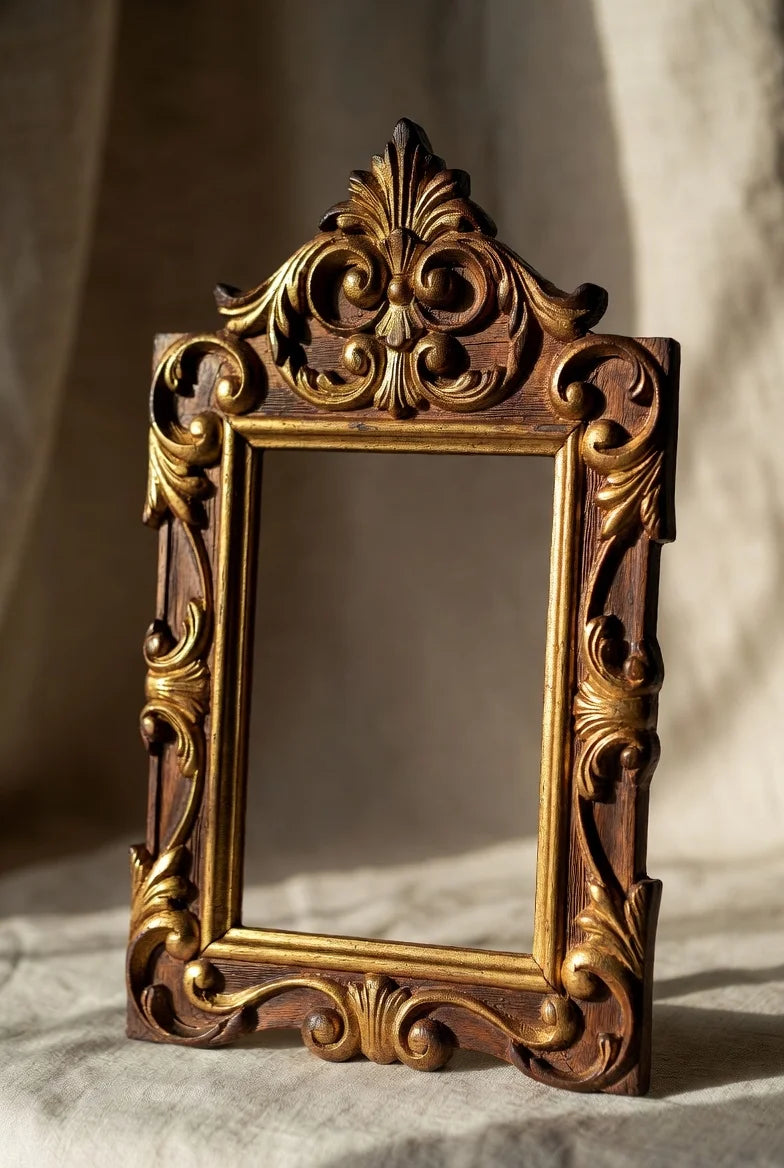 Vintage Royal Mini Wooden Photo Frame | Hand-Carved Teak with Antique Gold Accents | Victorian Style Tabletop Picture Holder | Luxury Keepsake Gift