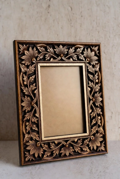 "Woodelle" Hand-Carved Teak Wood Photo Frame | Floral Relief Wall & Tabletop Decor | Elegant Nature-Inspired Picture Holde