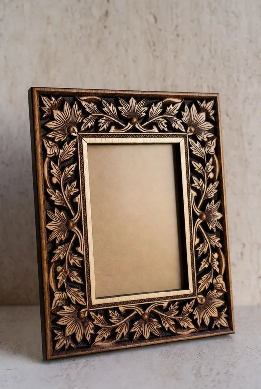 "Woodelle" Hand-Carved Teak Wood Photo Frame | Floral Relief Wall & Tabletop Decor | Elegant Nature-Inspired Picture Holde