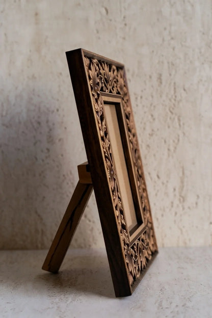 "Woodelle" Hand-Carved Teak Wood Photo Frame | Floral Relief Wall & Tabletop Decor | Elegant Nature-Inspired Picture Holde
