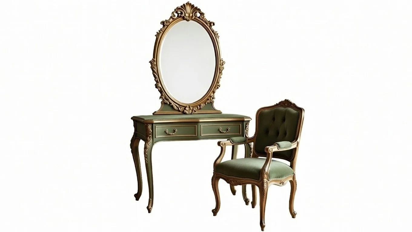 Vintage style dressing table with oval mirror and matching upholstered velvet chair.