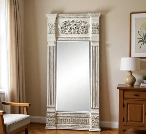 Hand Carved Classical Wooden Standing Mirror – Royal Neoclassical Pillar Design | Luxury Full Length Mirror | Ornate European Frame