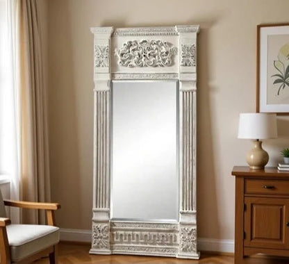 Hand Carved Classical Wooden Standing Mirror – Royal Neoclassical Pillar Design | Luxury Full Length Mirror | Ornate European Frame