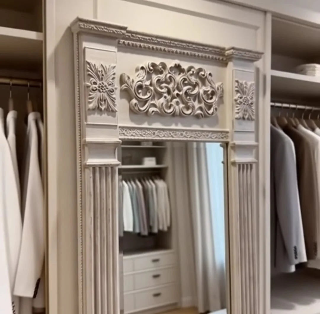 Hand Carved Classical Wooden Standing Mirror – Royal Neoclassical Pillar Design | Luxury Full Length Mirror | Ornate European Frame