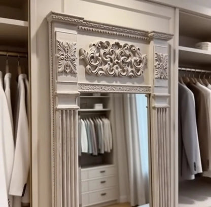 Hand Carved Classical Wooden Standing Mirror – Royal Neoclassical Pillar Design | Luxury Full Length Mirror | Ornate European Frame
