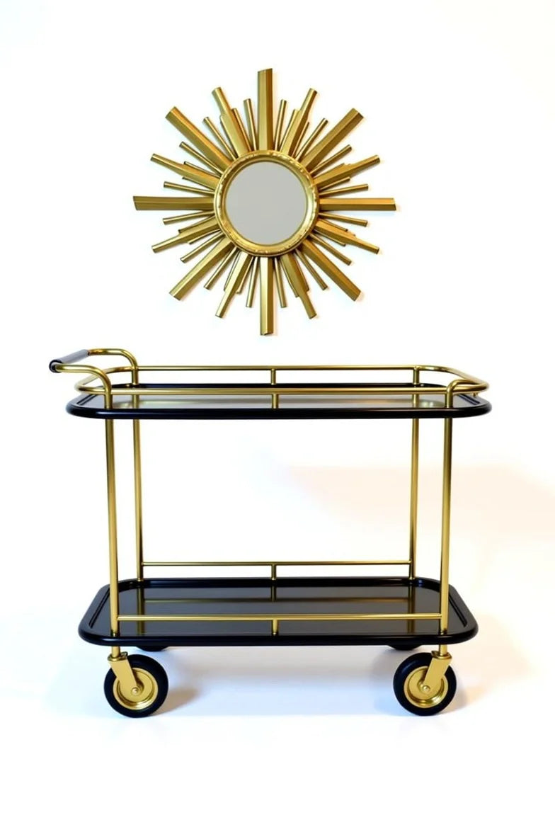 Vintage Hollywood Regency gold metal bar cart with black glass shelves, rolling casters, and sunburst mirror backdrop – luxury serving trolley in black and gold