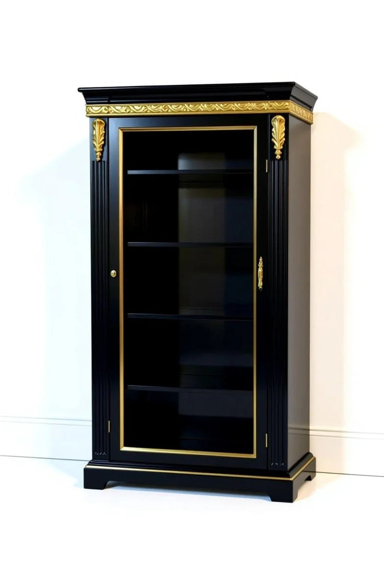 Tall black lacquer vitrine cabinet with gold leaf crown molding, fluted columns, glass doors, and acanthus accents – Empire style Hollywood Regency display armoire
