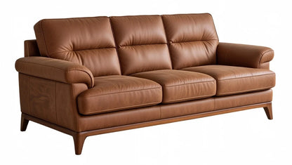 Brown Leather Mid Century Modern Sofa Set Solid Teak Wood – 3 Seater Sofa, Accent Armchairs, Coffee Table – Elegant Contemporary Living Room Furniture