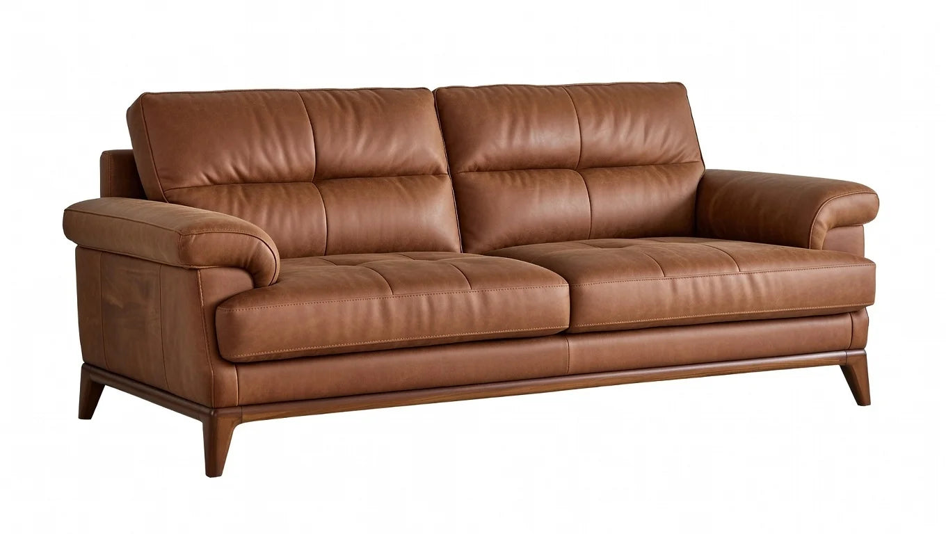 Brown Leather Mid Century Modern Sofa Set Solid Teak Wood – 3 Seater Sofa, Accent Armchairs, Coffee Table – Elegant Contemporary Living Room Furniture