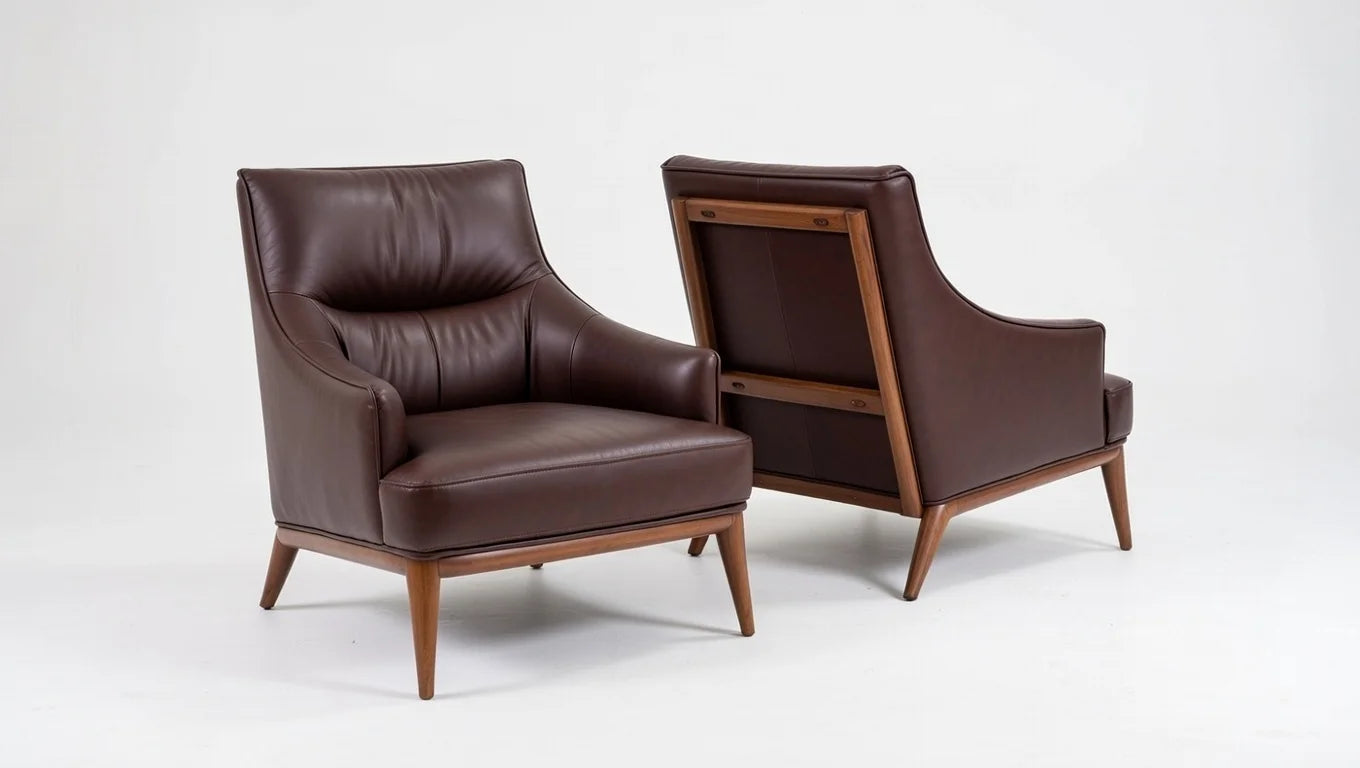 Brown Leather Mid Century Modern Sofa Set Solid Teak Wood – 3 Seater Sofa, Accent Armchairs, Coffee Table – Elegant Contemporary Living Room Furniture