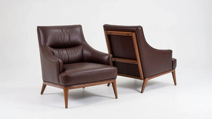 Brown Leather Mid Century Modern Sofa Set Solid Teak Wood – 3 Seater Sofa, Accent Armchairs, Coffee Table – Elegant Contemporary Living Room Furniture