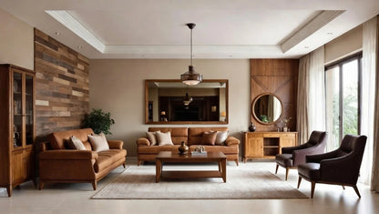 Brown Leather Mid Century Modern Sofa Set Solid Teak Wood – 3 Seater Sofa, Accent Armchairs, Coffee Table – Elegant Contemporary Living Room Furniture
