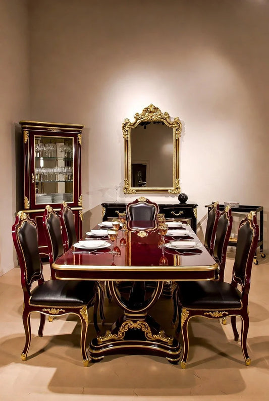 Royal Burgundy & Gold Dining Room Collection | Handcrafted High-Gloss Solid Wood Furniture | Custom Indian Luxury Interiors |