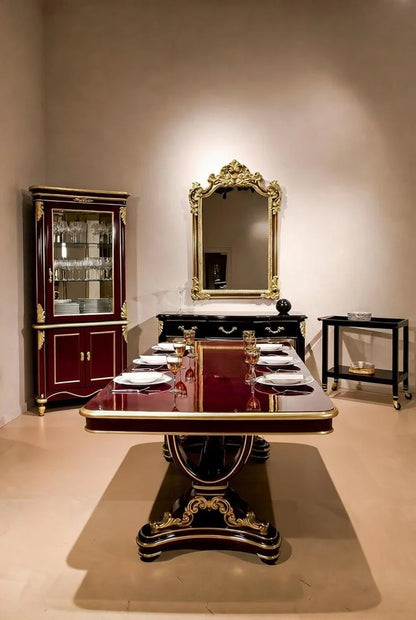 Royal Burgundy & Gold Dining Room Collection | Handcrafted High-Gloss Solid Wood Furniture | Custom Indian Luxury Interiors |