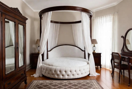Luxury Classic French round bed with a dark wood canopy frame, sheer white curtains, and button-tufted base.