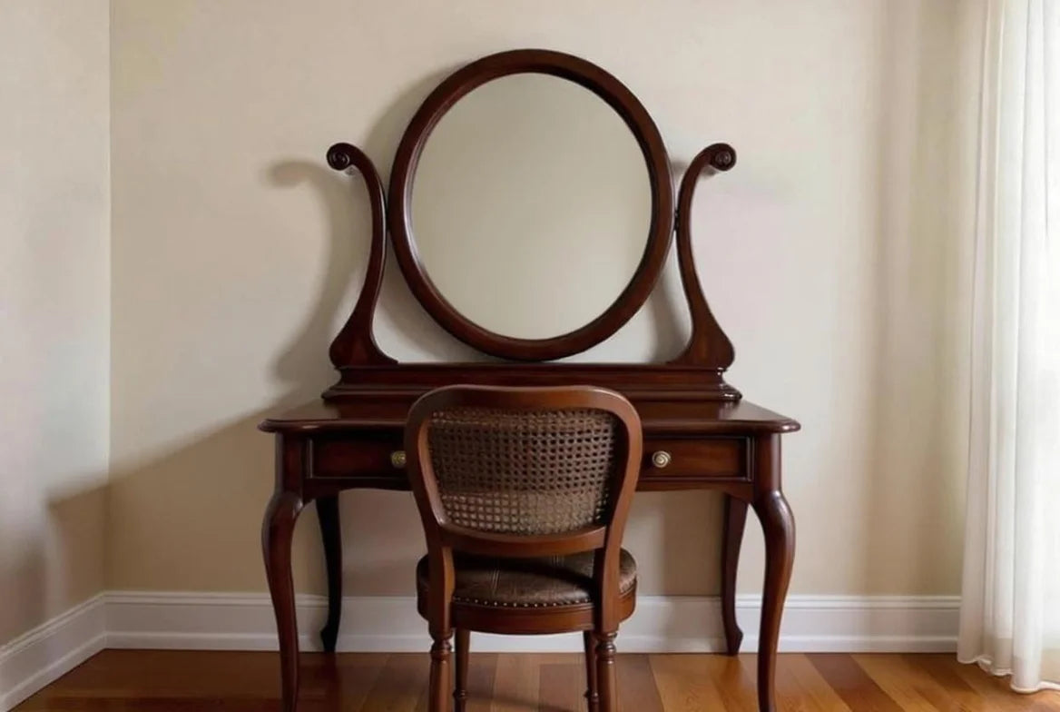 Vintage dark wood vanity table with a large round mirror and a cane-back chair.